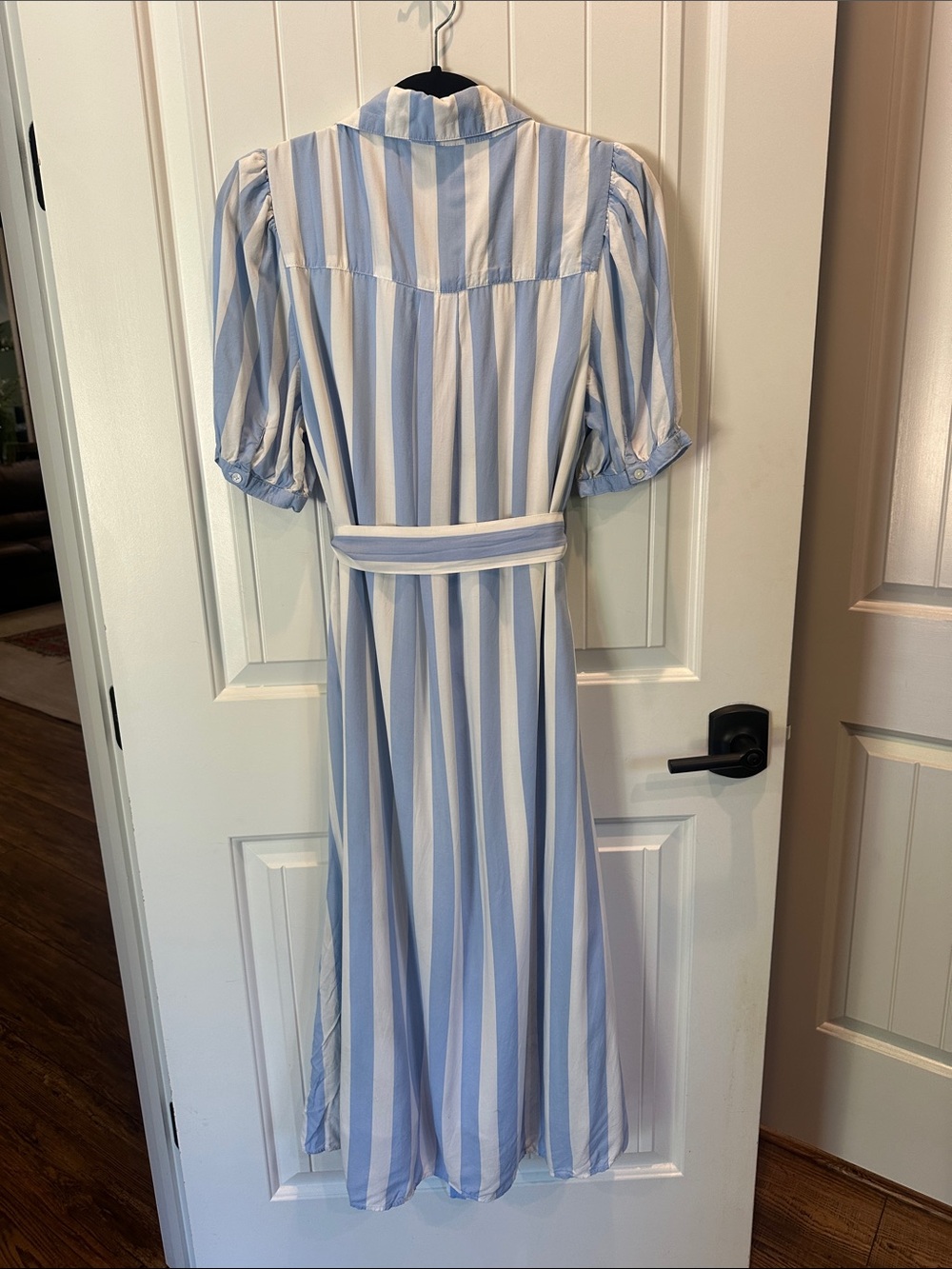 crown & ivy Light Blue and White Striped Midi Shirt Dress with Tie Waist - Picture 5 of 5